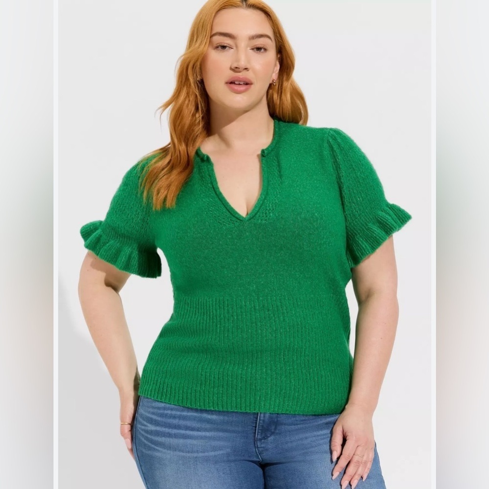 Torrid Vegan Cashmere Pullover V-Neck Ruffle Elbow Sleeve Pullover Sweater 4X